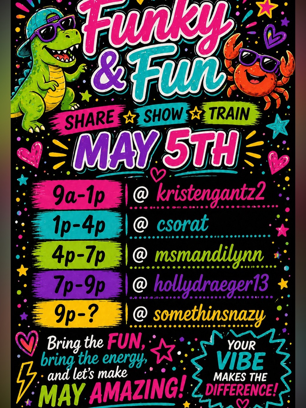 Funky and Fun Tuesday Share Train -8a- 12pm EST
Stop #1 9a- 10 EST May 5th